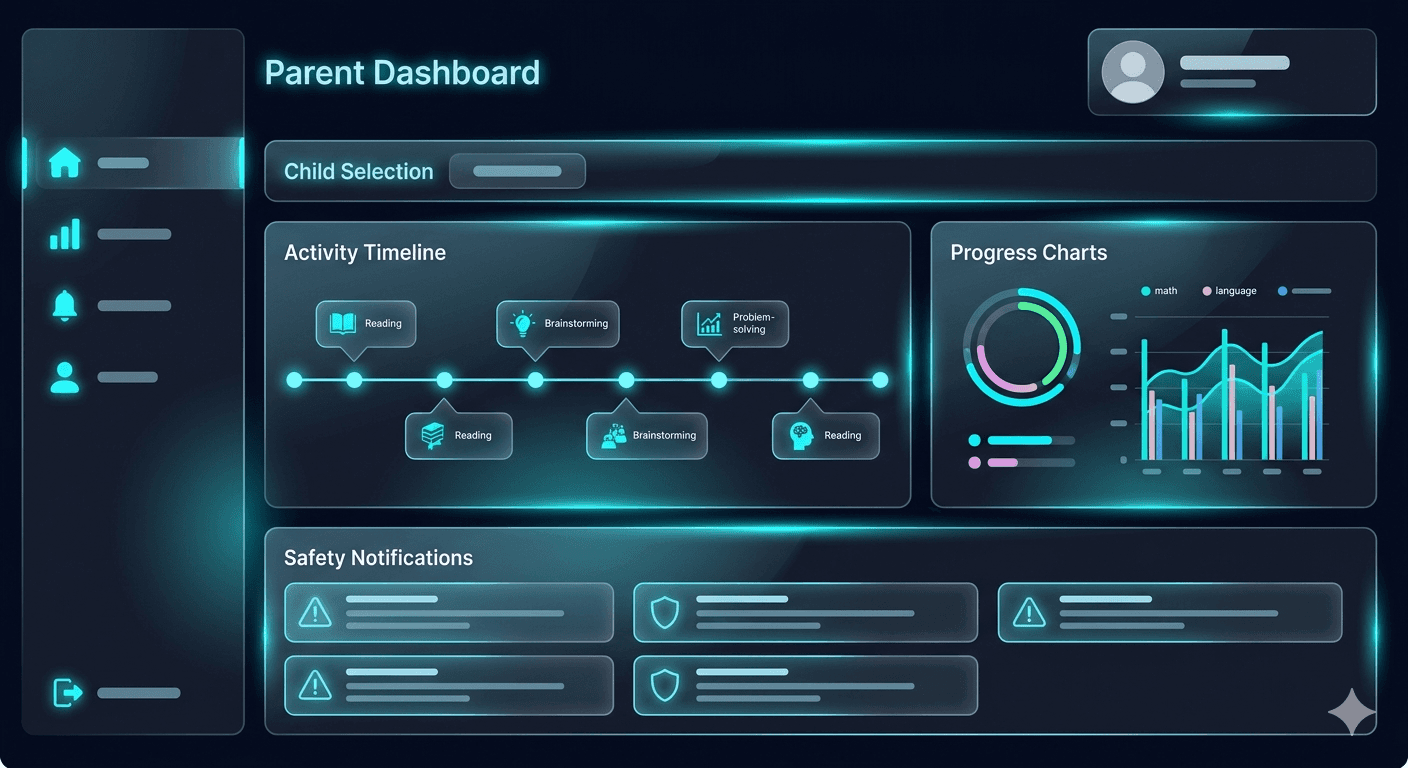 AIBaimy Dashboard — live přehled aktivit dítěte, bezpečnostní notifikace, 5 vrstev AIBguard